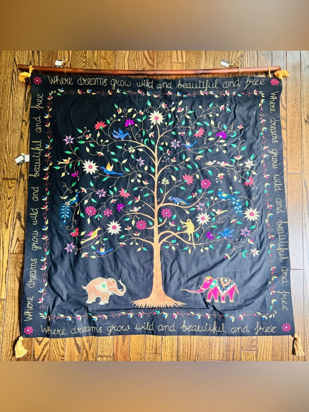 Ten Thousand Black Tree of Life Tapestry with Colorful Embroidery